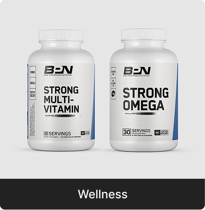 Two BPN supplement bottles, Strong Multi-Vitamin and Strong Omega, on a grey background with a 'Wellness' banner.