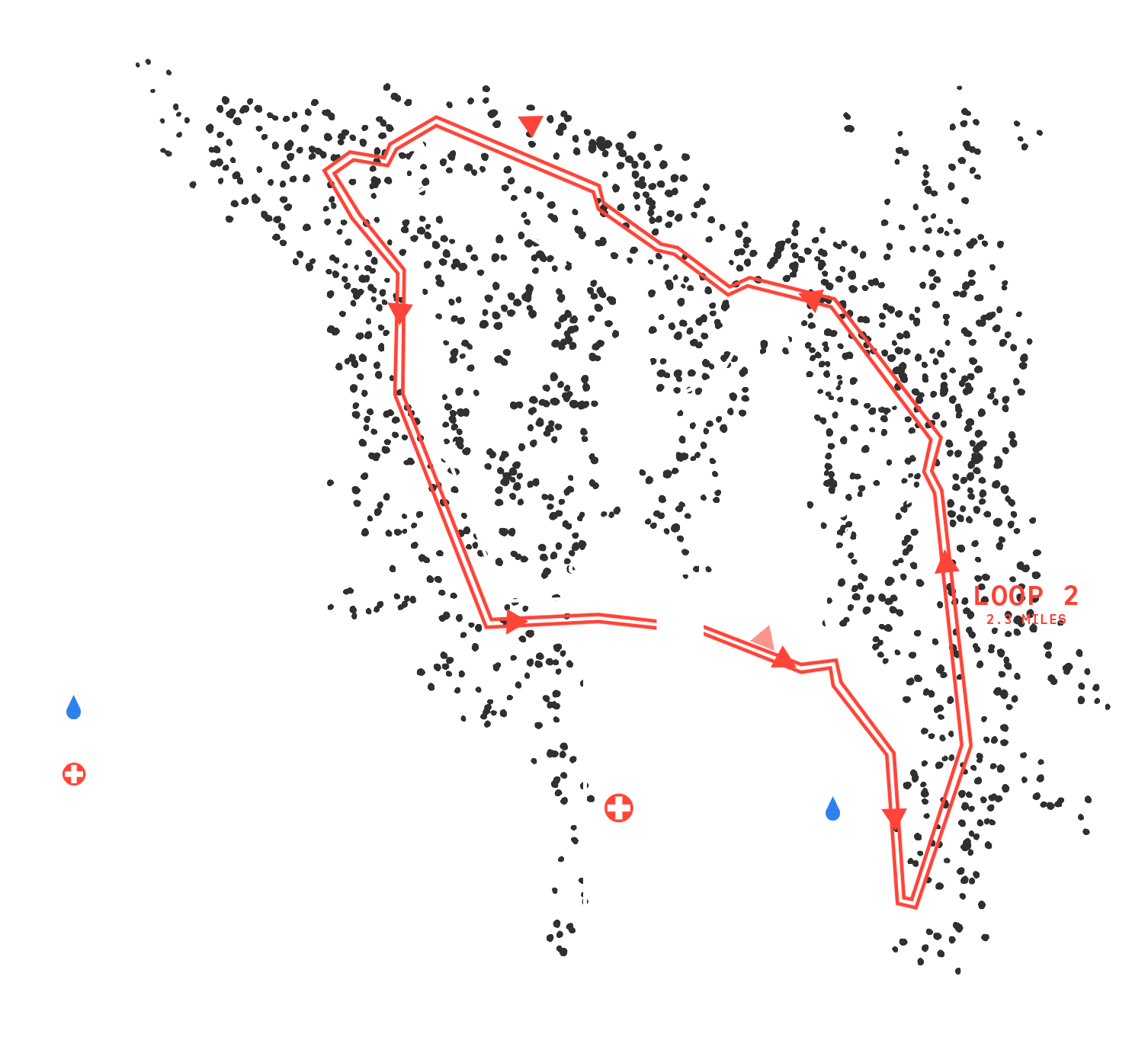 A graphic map of a race course showing a red loop with aid and medical station icons.