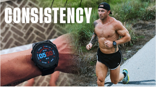 A composite image with the word 'Consistency', showing a man running and a close-up of a sports watch.