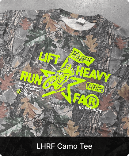 A camouflage patterned t-shirt with a large, neon yellow graphic that reads 'Lift Heavy Run Far'.