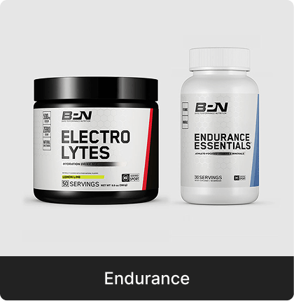 A black tub of BPN Electrolytes next to a white bottle of BPN Endurance Essentials supplements.