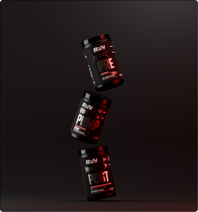 Three black supplement tubs labeled PRE, PUMP, and POST floating against a dark background.