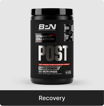 A black tub of BPN Post-Workout Muscle Recovery supplement in Fruit Punch flavor.