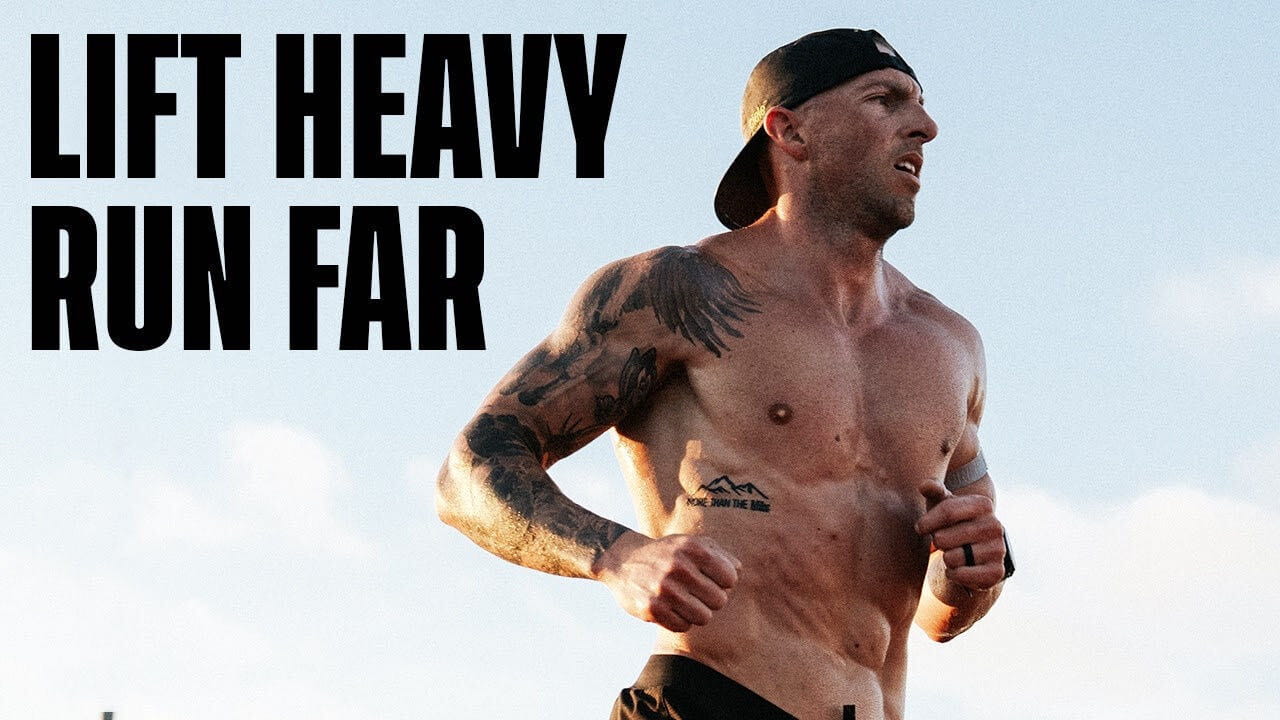 A muscular, tattooed man runs shirtless, with the text 'LIFT HEAVY RUN FAR' overlaid.