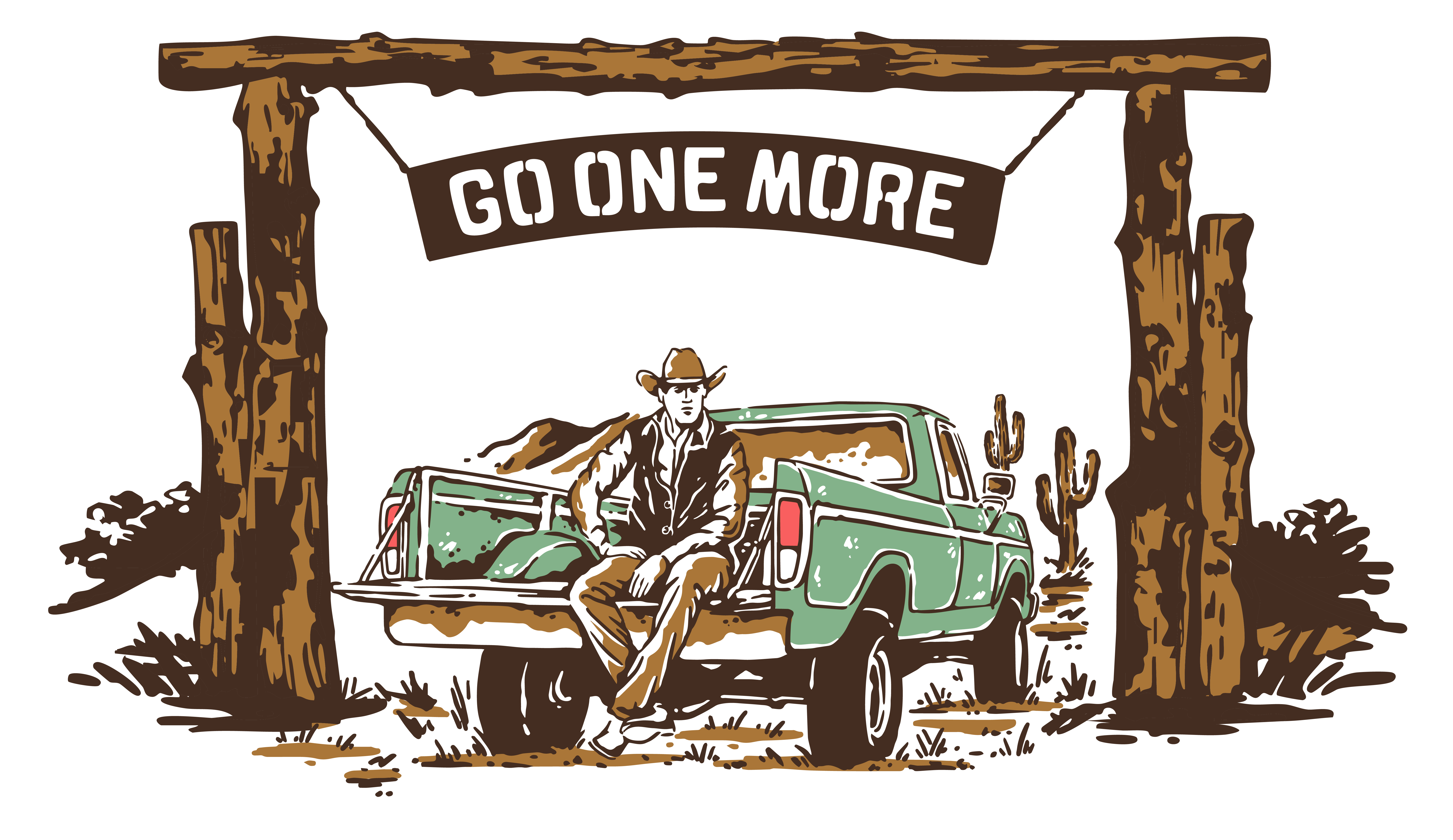 An illustration of a cowboy sitting on a pickup truck under a sign that reads 'Go One More'.