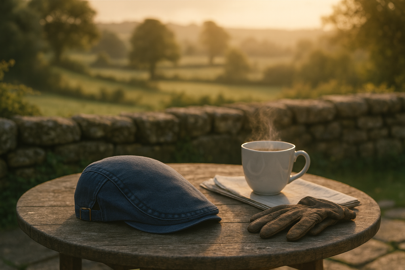 Table with cap, gloves, steaming mug, newspaper; stone wall and field in background.