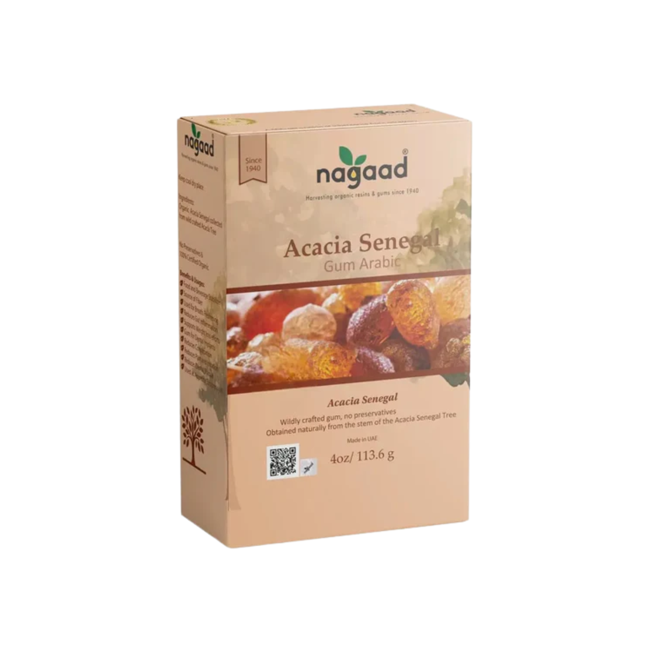 Box of Acacia Senegal Gum Arabic with product details and image of gum.