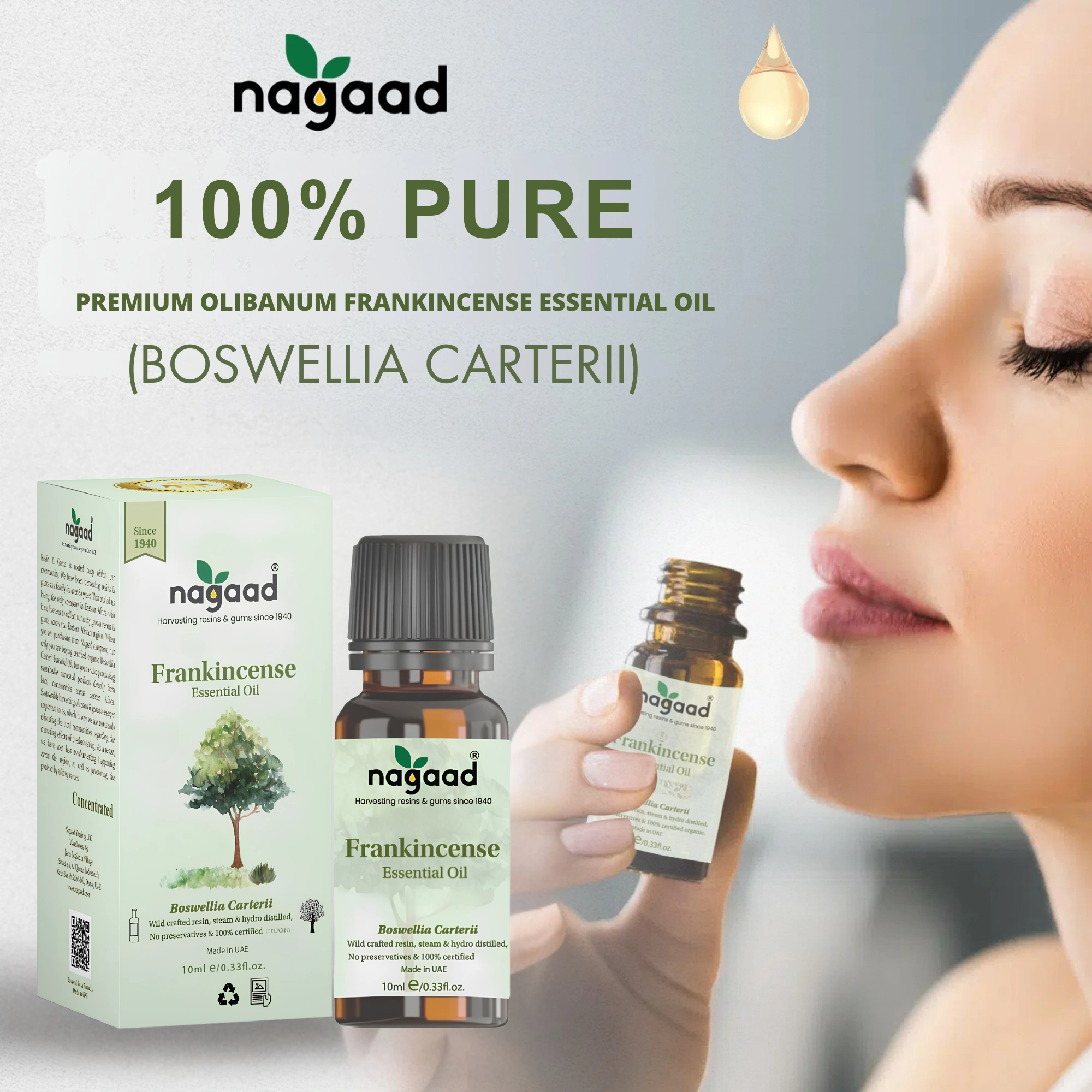 Woman holding frankincense essential oil bottle near face, with product packaging visible.