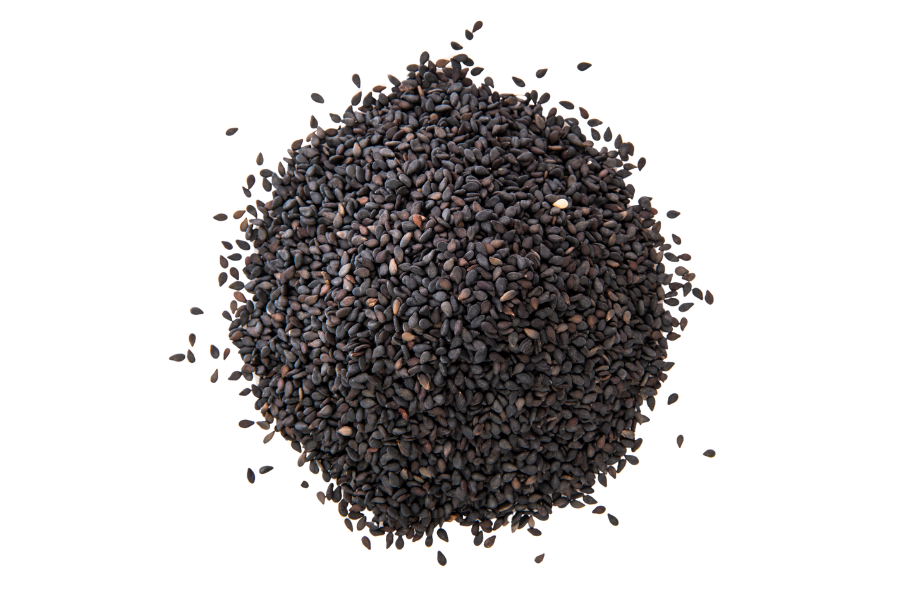 A pile of black sesame seeds on a white background.