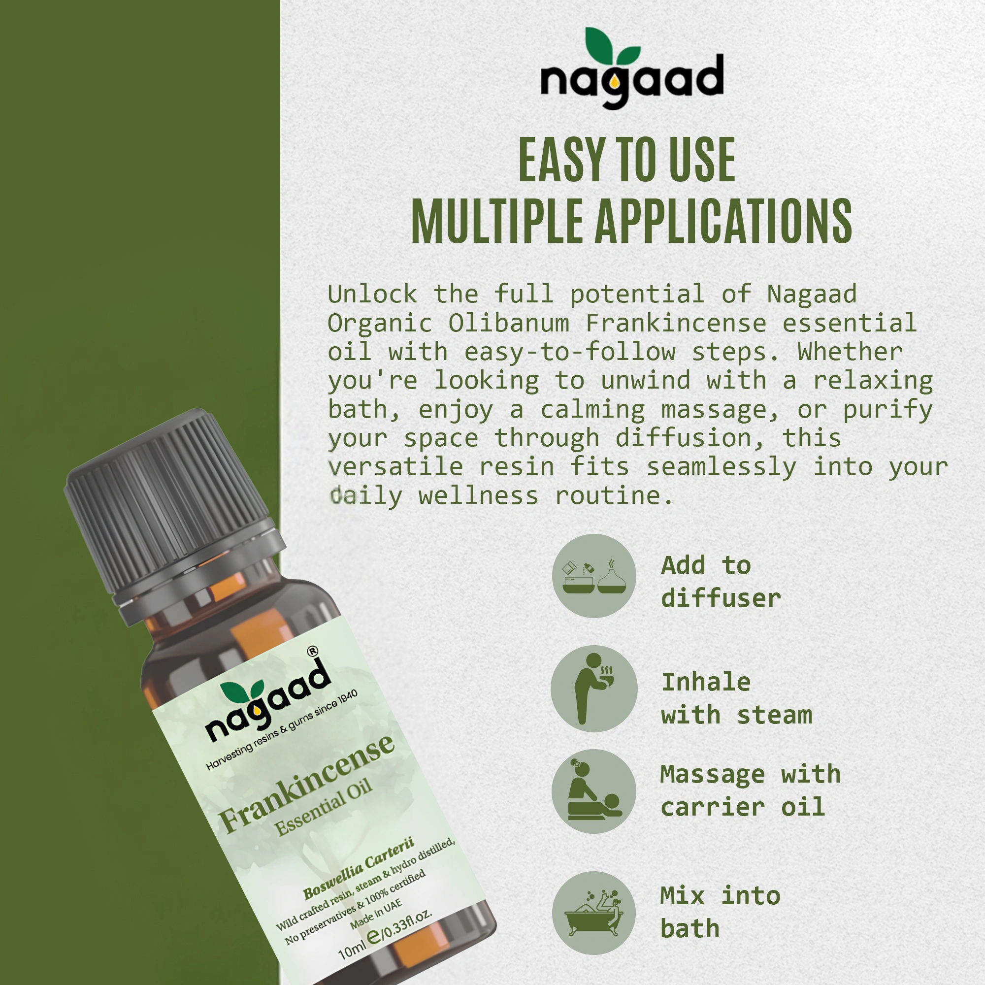 Frankincense essential oil bottle with usage instructions and icons on a green and white background.
