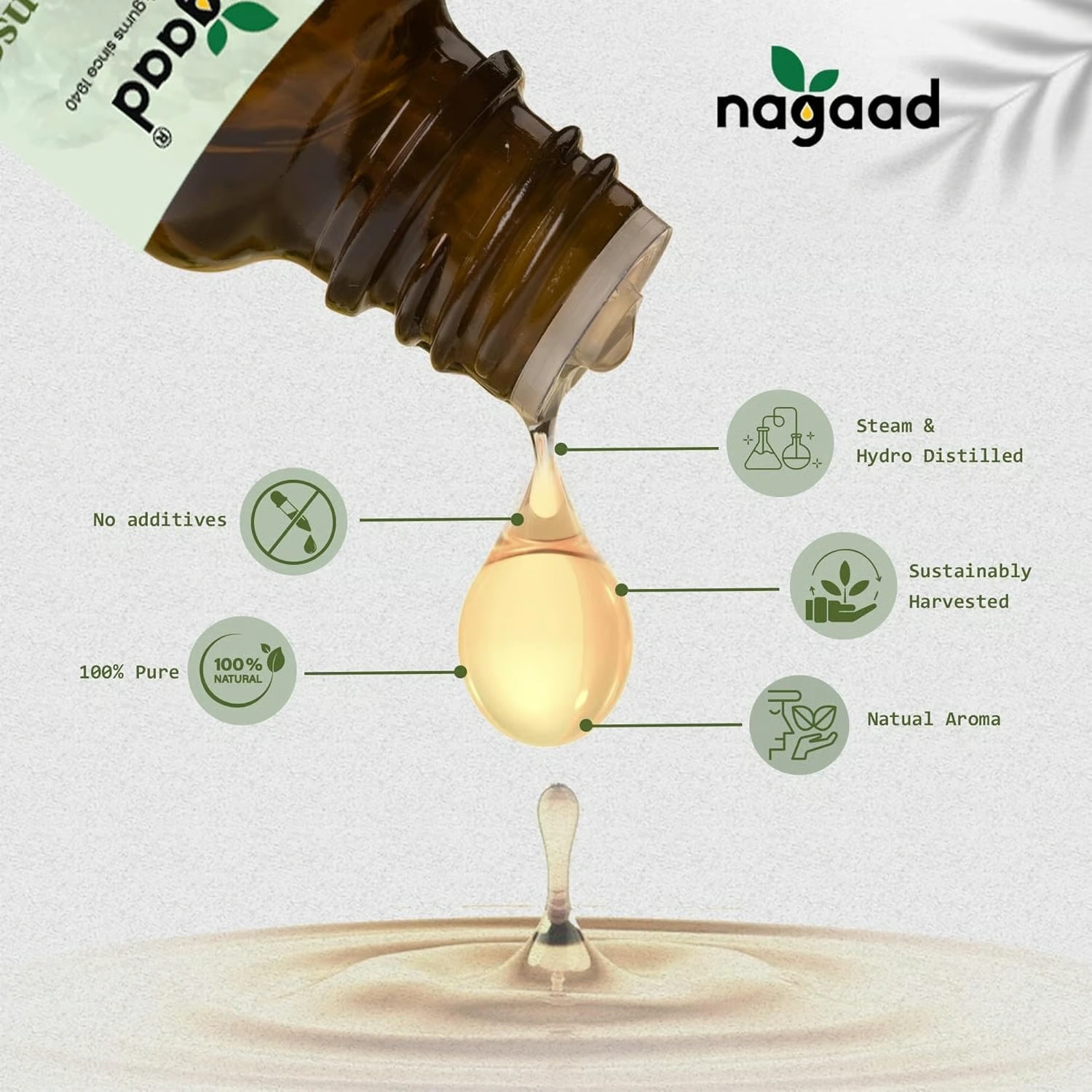 Brown bottle pouring oil with text about purity and sustainability.