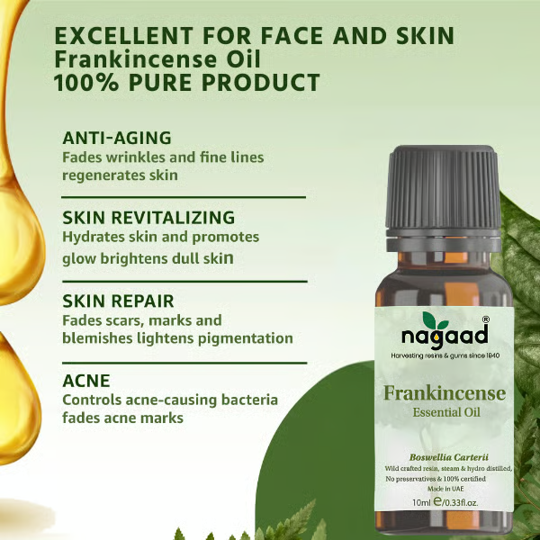 Frankincense oil bottle with text on anti-aging, skin revitalizing, skin repair, and acne benefits.