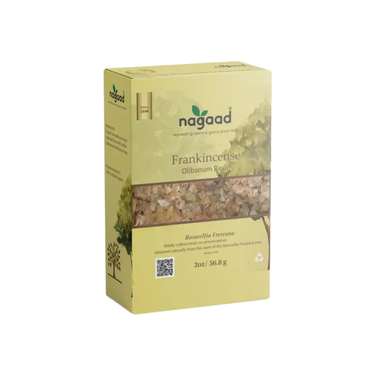 Box of Nagaad Frankincense Olibanum Resin, 2oz, with product details.