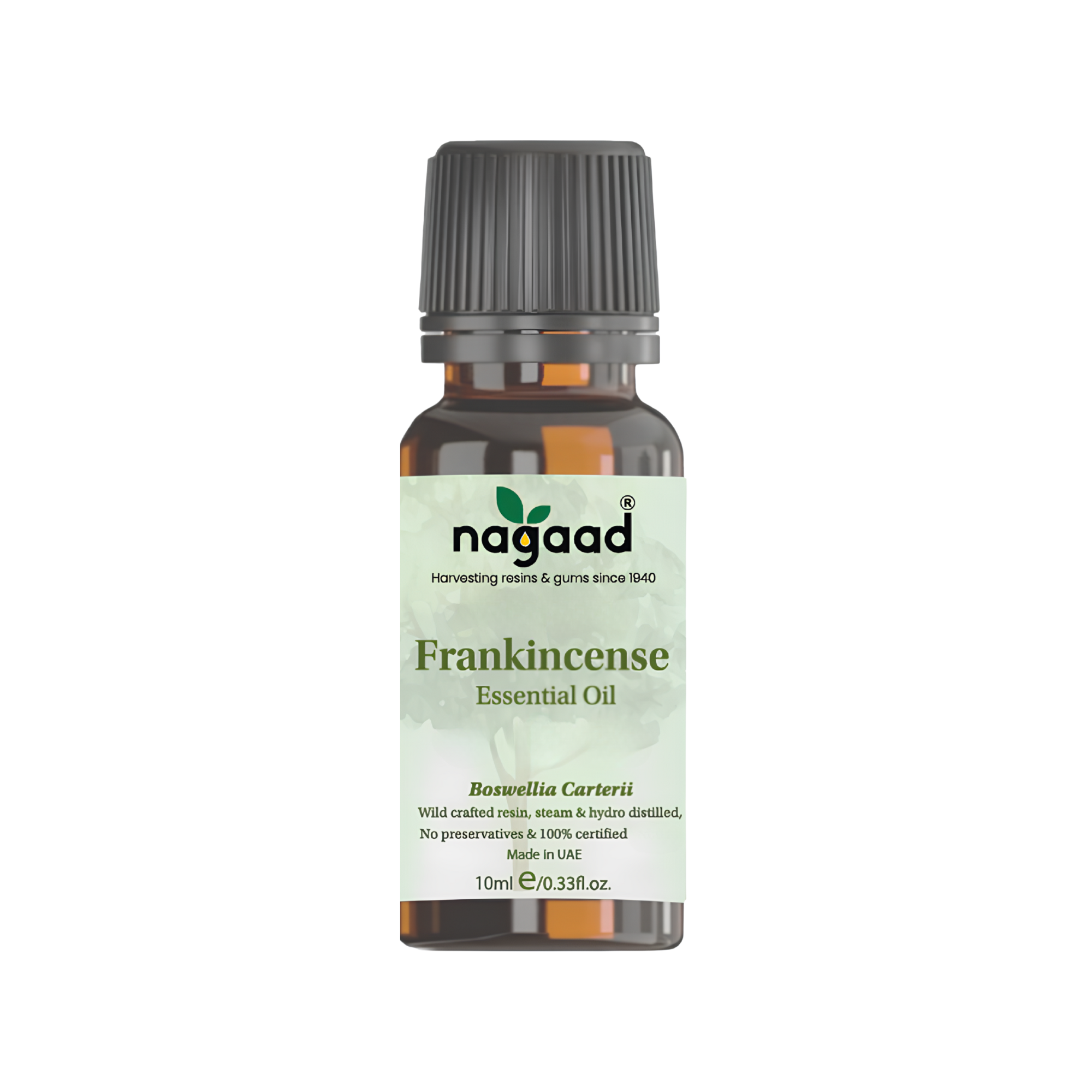 Bottle of Frankincense essential oil with a labeled cap.