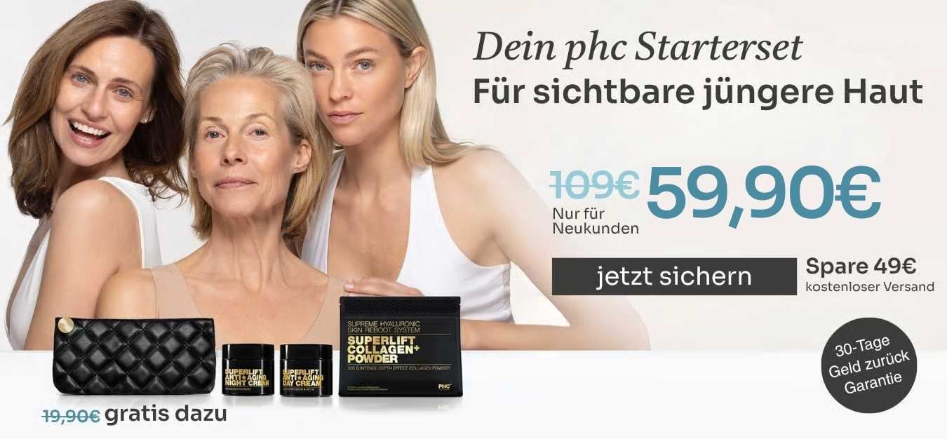 Three women smiling with skincare products and promotional text.