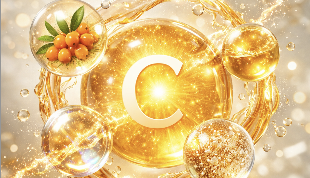 Shiny spheres with letter 'C', golden liquid, and orange berries.