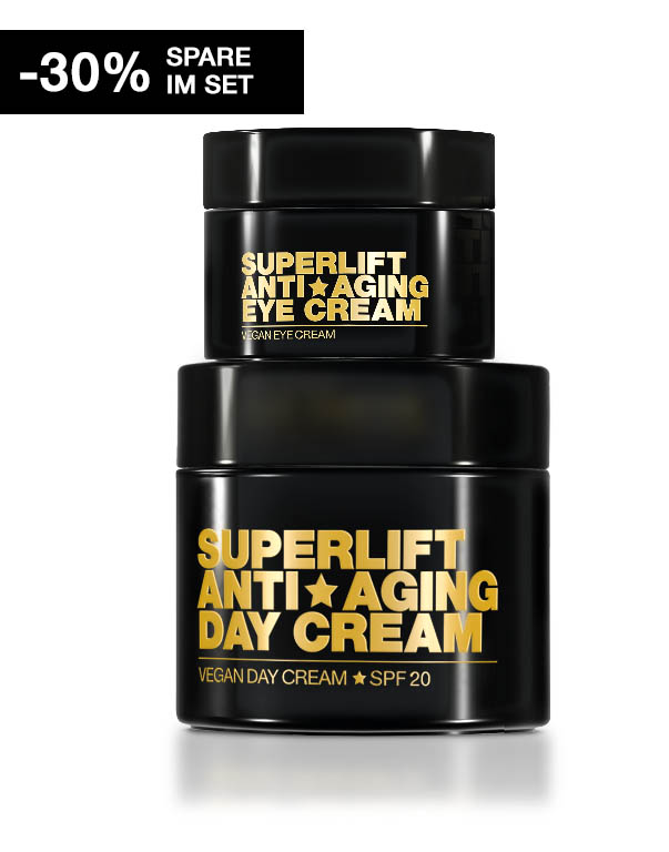 Two black jars of anti-aging cream with gold text, offering a 30% discount.