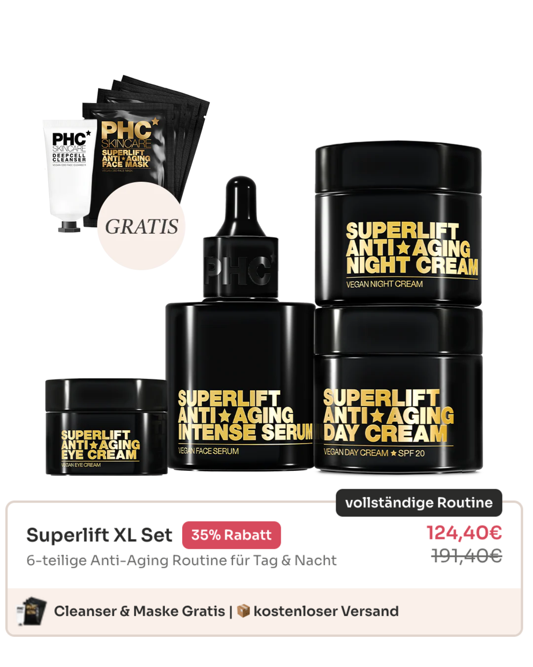 A promotional image of PHC Skincare's Superlift anti-aging set, including creams, a serum, and masks.