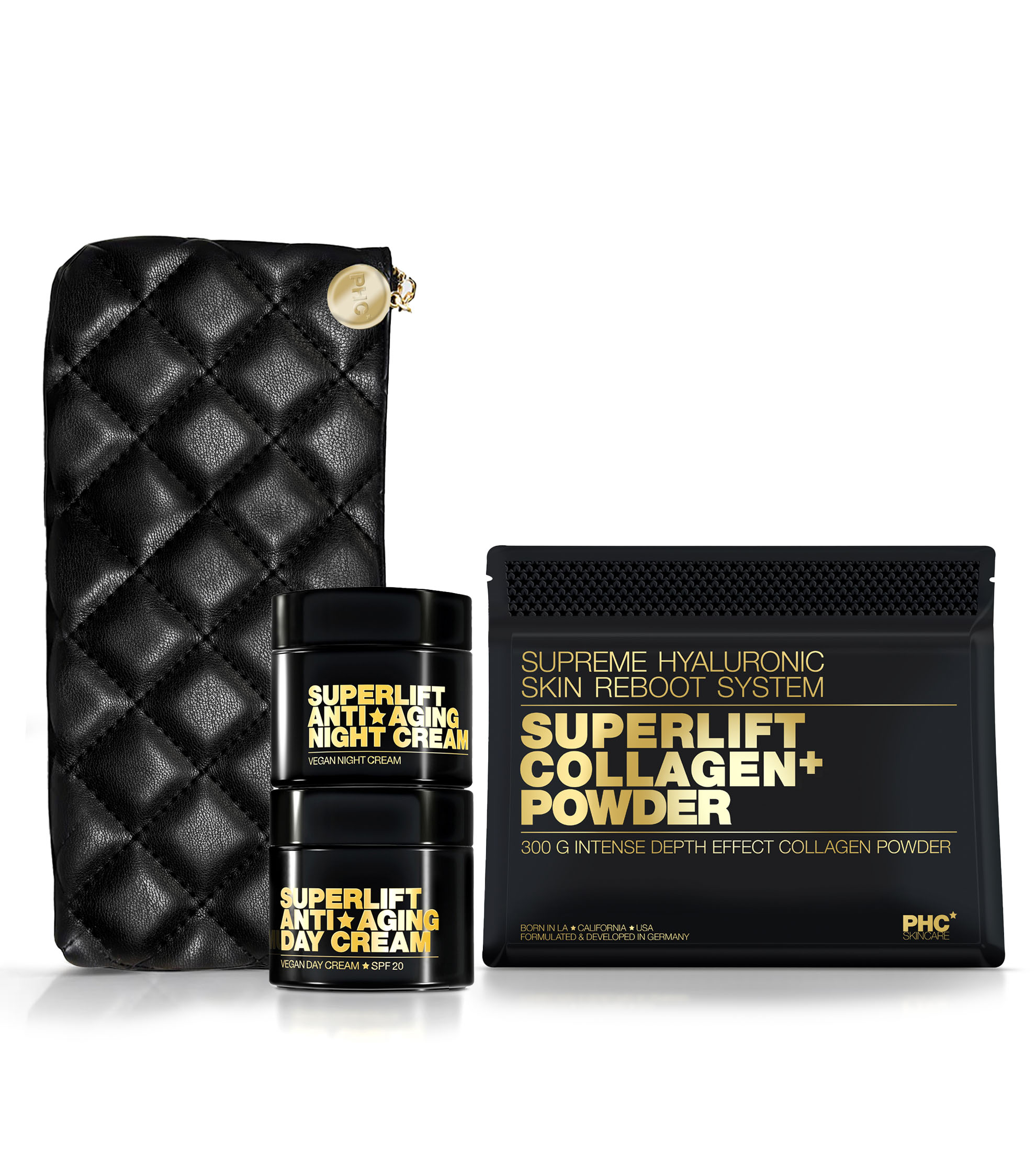 Black quilted bag with skincare products labeled 'Superlift Anti-Aging Cream' and 'Collagen+ Powder.'