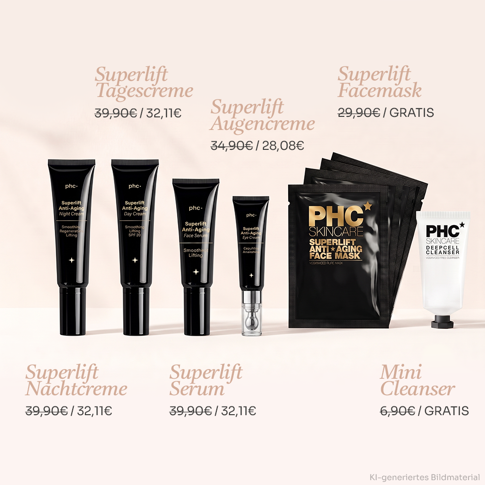 A promotional image of various PHC Skincare products, including creams, serums, and masks, with prices listed.