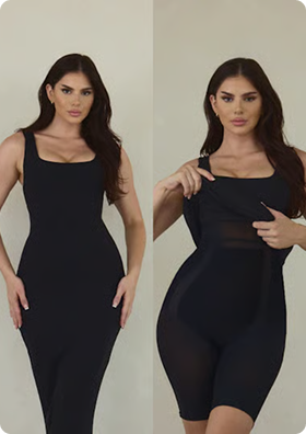 Two images of a woman in a black dress showing shapewear underneath.