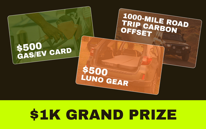 Three prize cards for gas, Luno gear, and carbon offset with $1K grand prize text.