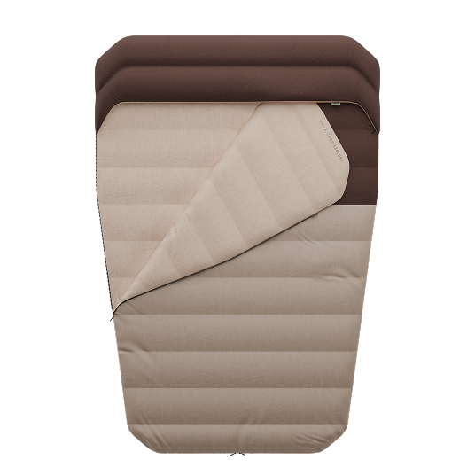 Brown and beige sleeping bag with a folded corner.