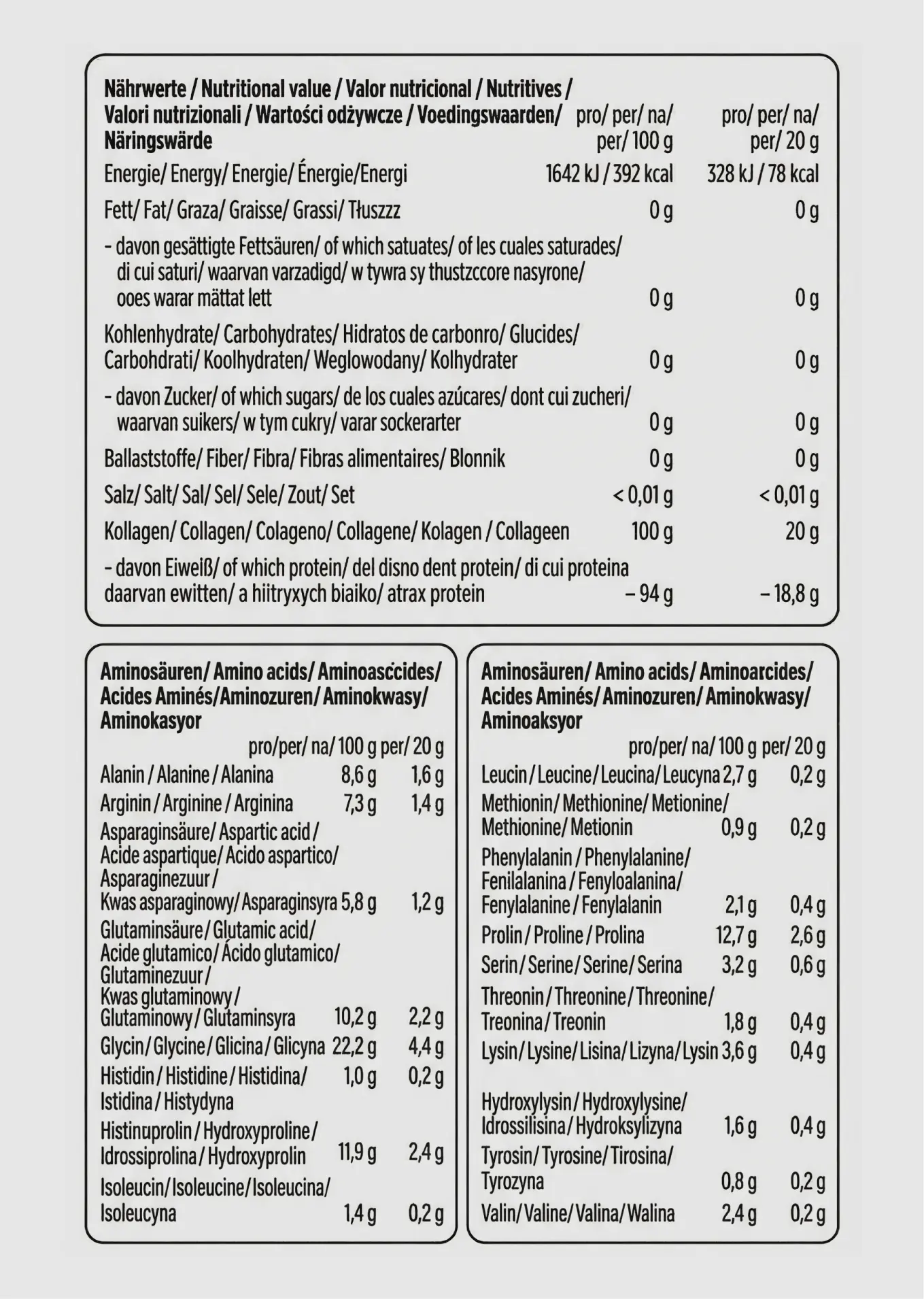 A multi-language nutritional facts label showing macronutrients and a detailed amino acid profile.