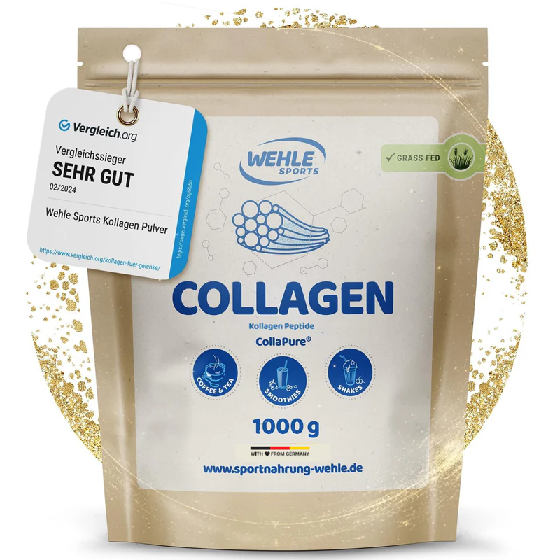 A 1000g pouch of Wehle Sports Collagen powder, with a 'Sehr Gut' award tag attached.