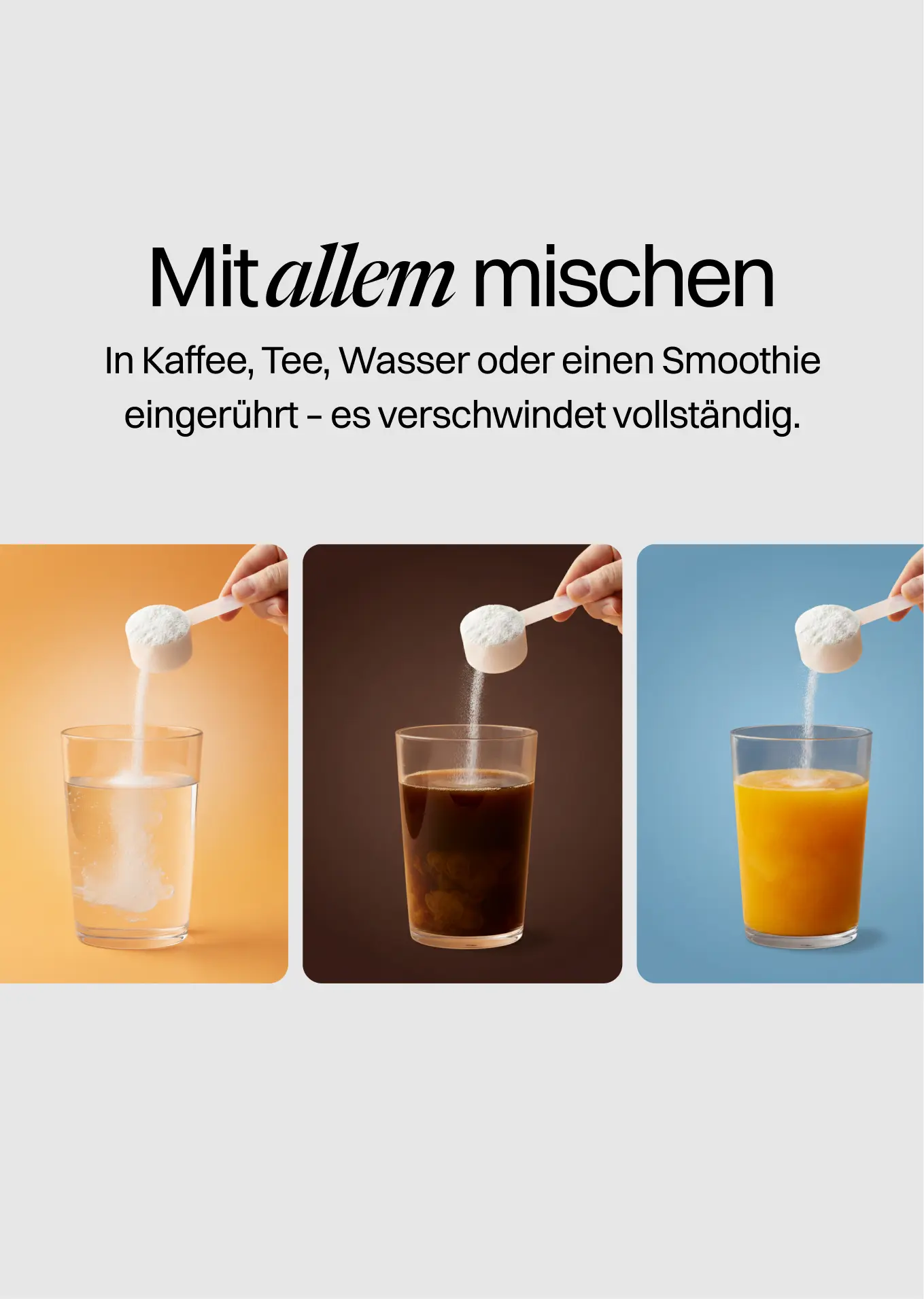 A hand pours white powder from a scoop into three different drinks: water, coffee, and orange juice.