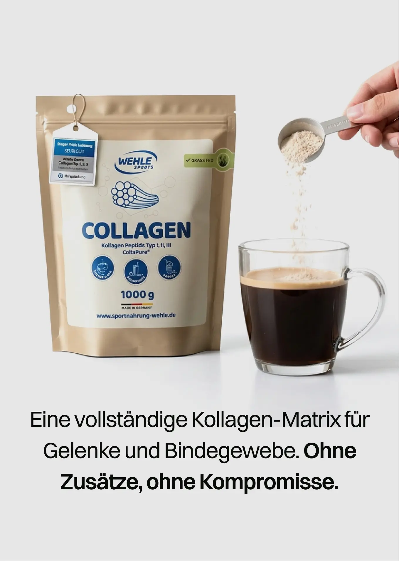 A hand pours a scoop of Wehle Sports collagen powder into a mug of coffee.