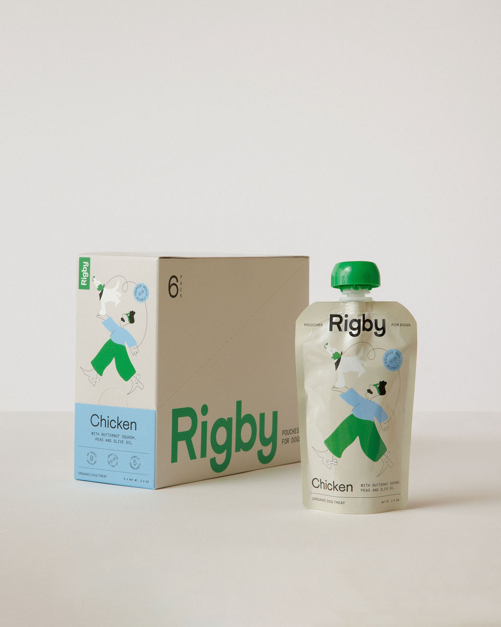Rigby dog food packaging with a box and a pouch labeled 'Chicken' flavor.