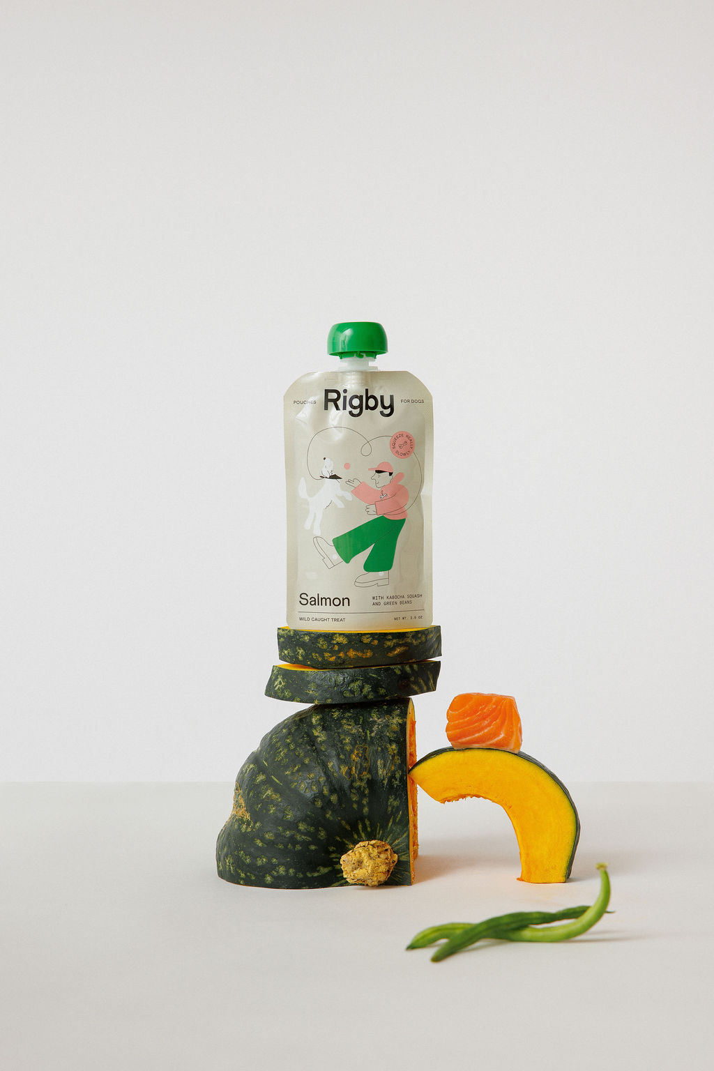 A pouch of Rigby salmon dog food is balanced on sliced squash with fresh salmon and green beans.