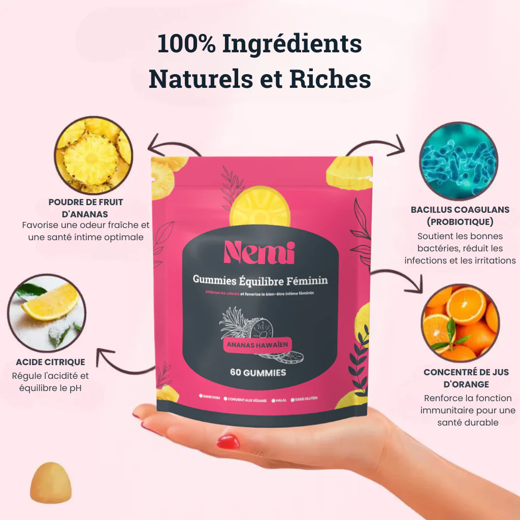 Package of gummies on a hand, surrounded by ingredient illustrations and descriptions.