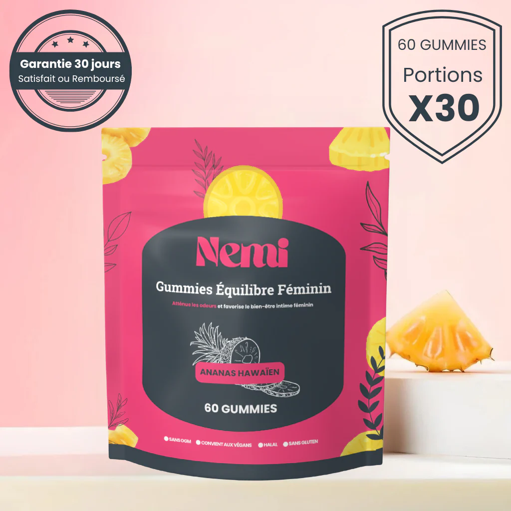 Pink package of 60 pineapple-flavored gummies with a 30-day guarantee badge.