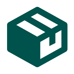 Icon of a cardboard box with tape, in dark green.