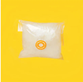 Plastic bag with a circular orange design against a yellow background.