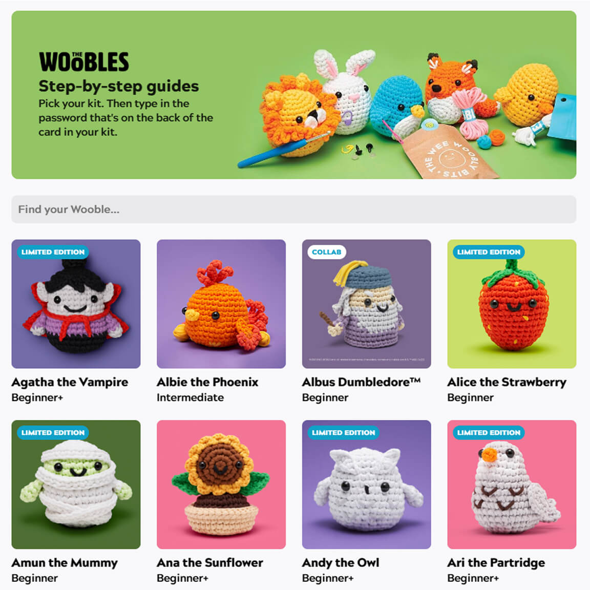 Colorful crocheted animal and character figures displayed in a grid, each with labels and difficulty level.