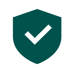 Dark green shield with a black checkmark.