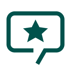 Teal speech bubble with a star inside.