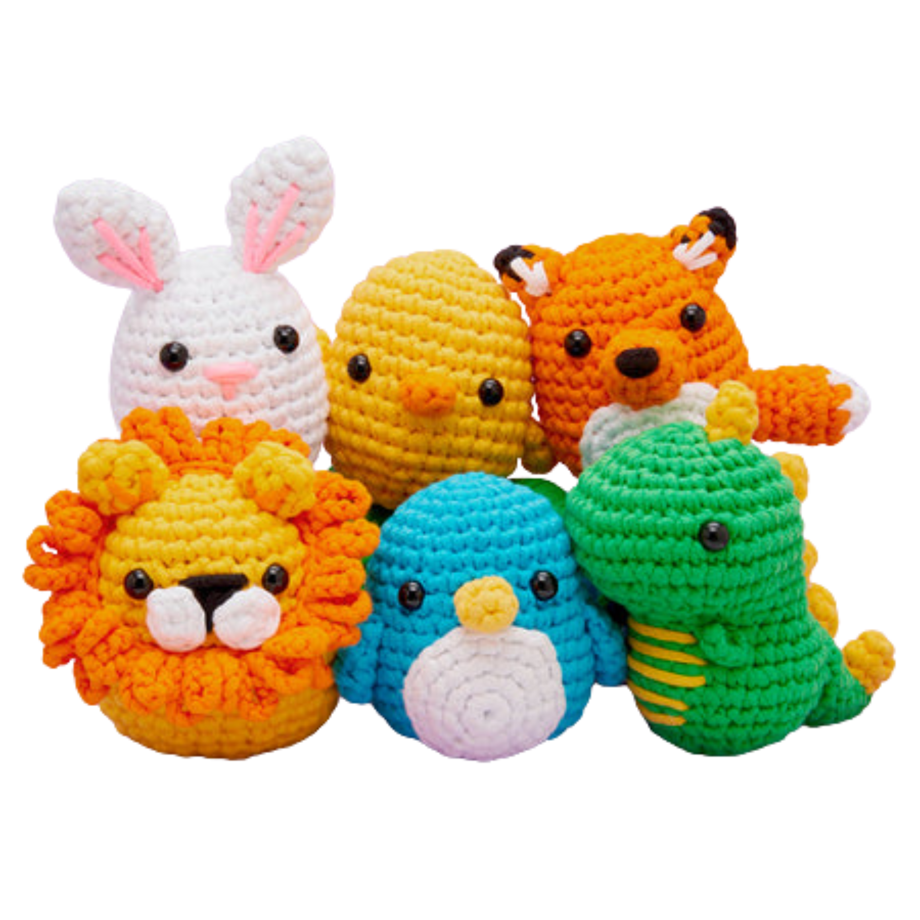Six colorful crocheted animal toys including a rabbit, chick, fox, lion, penguin, and dinosaur.