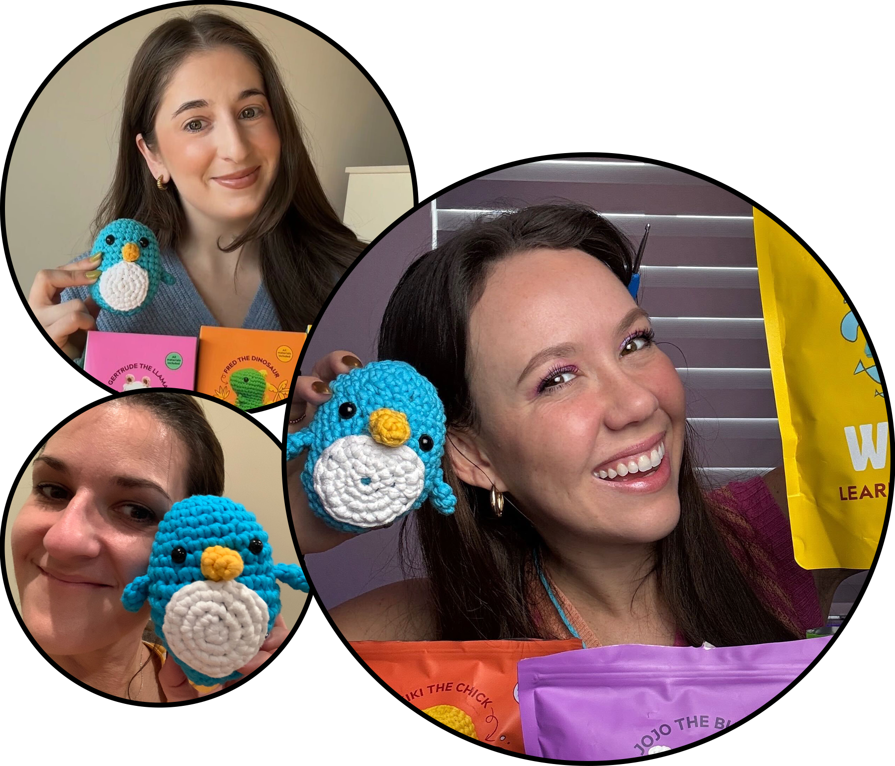 Three women holding a crocheted blue penguin toy, each smiling at the camera.