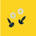 Two black screws and two white washers on a yellow background.