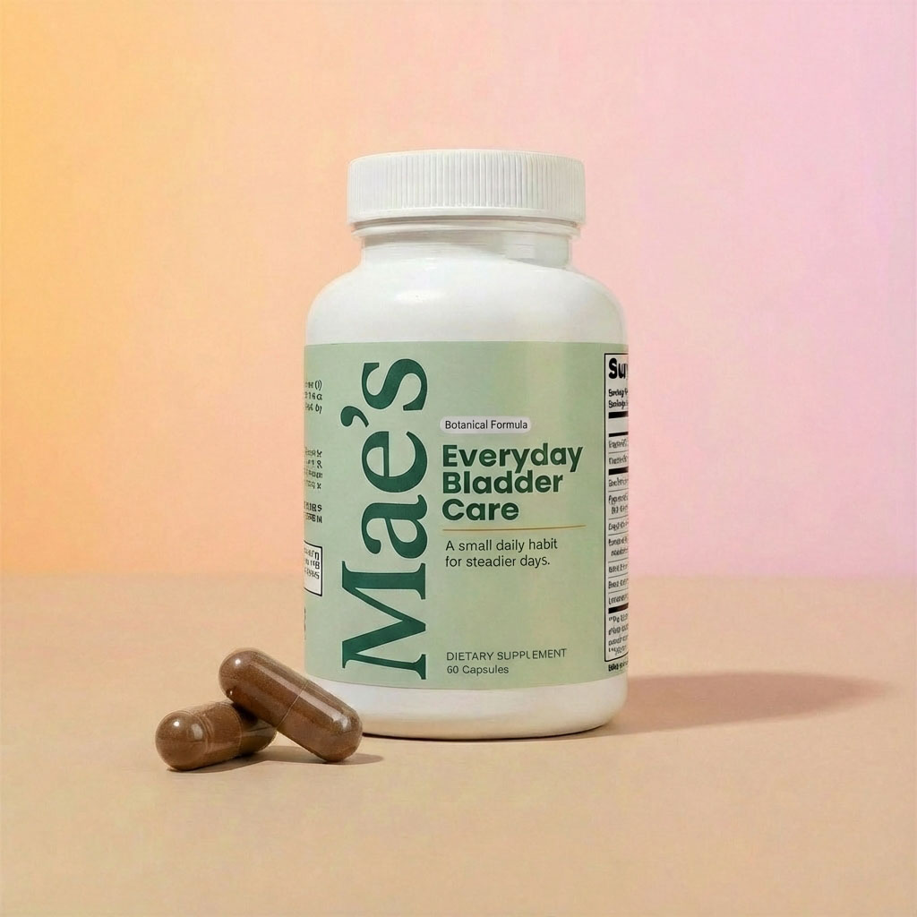 A white bottle of Mae's Everyday Bladder Care dietary supplement with two capsules in front of it.