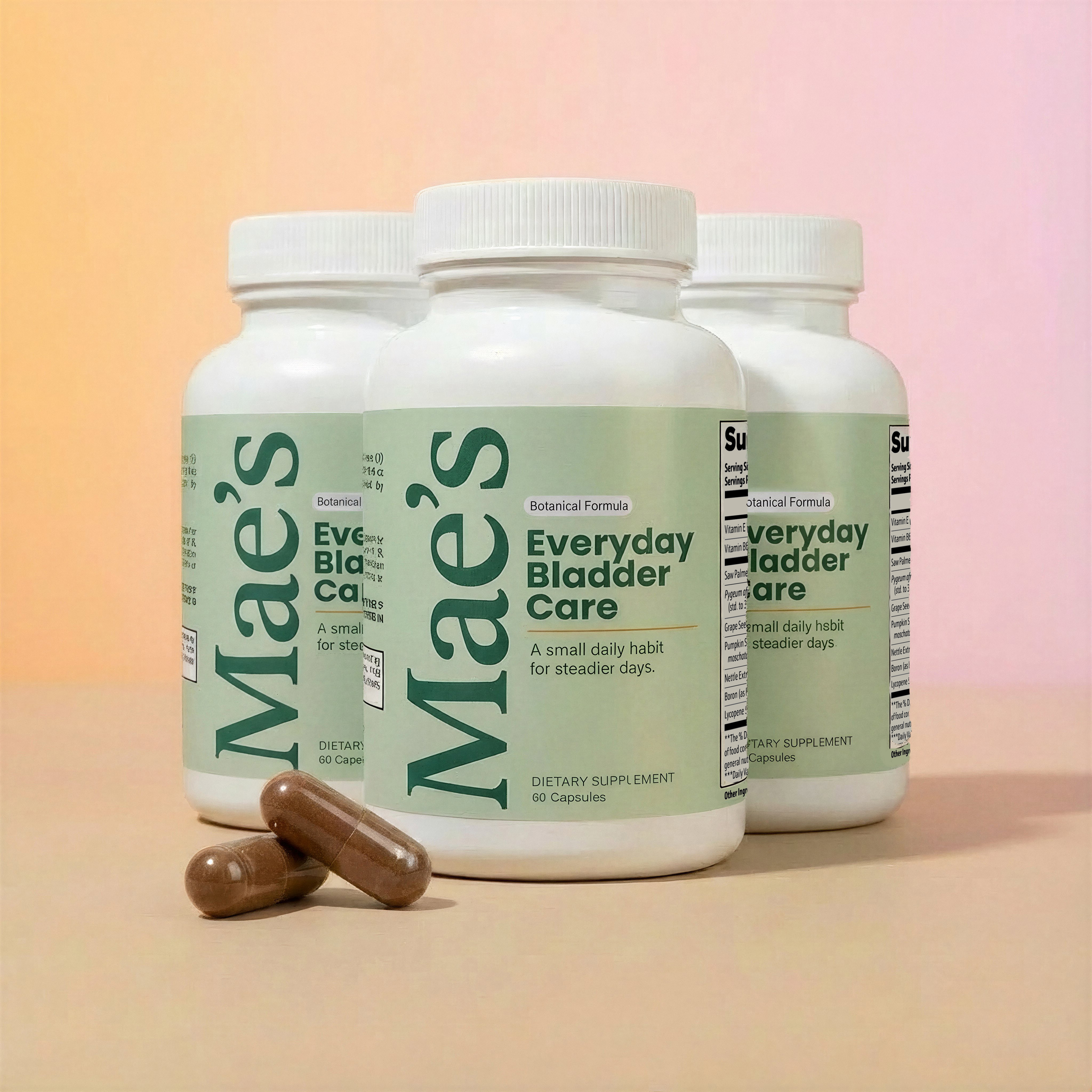 Three bottles of Mae's Everyday Bladder Care dietary supplement with two capsules in front of them.