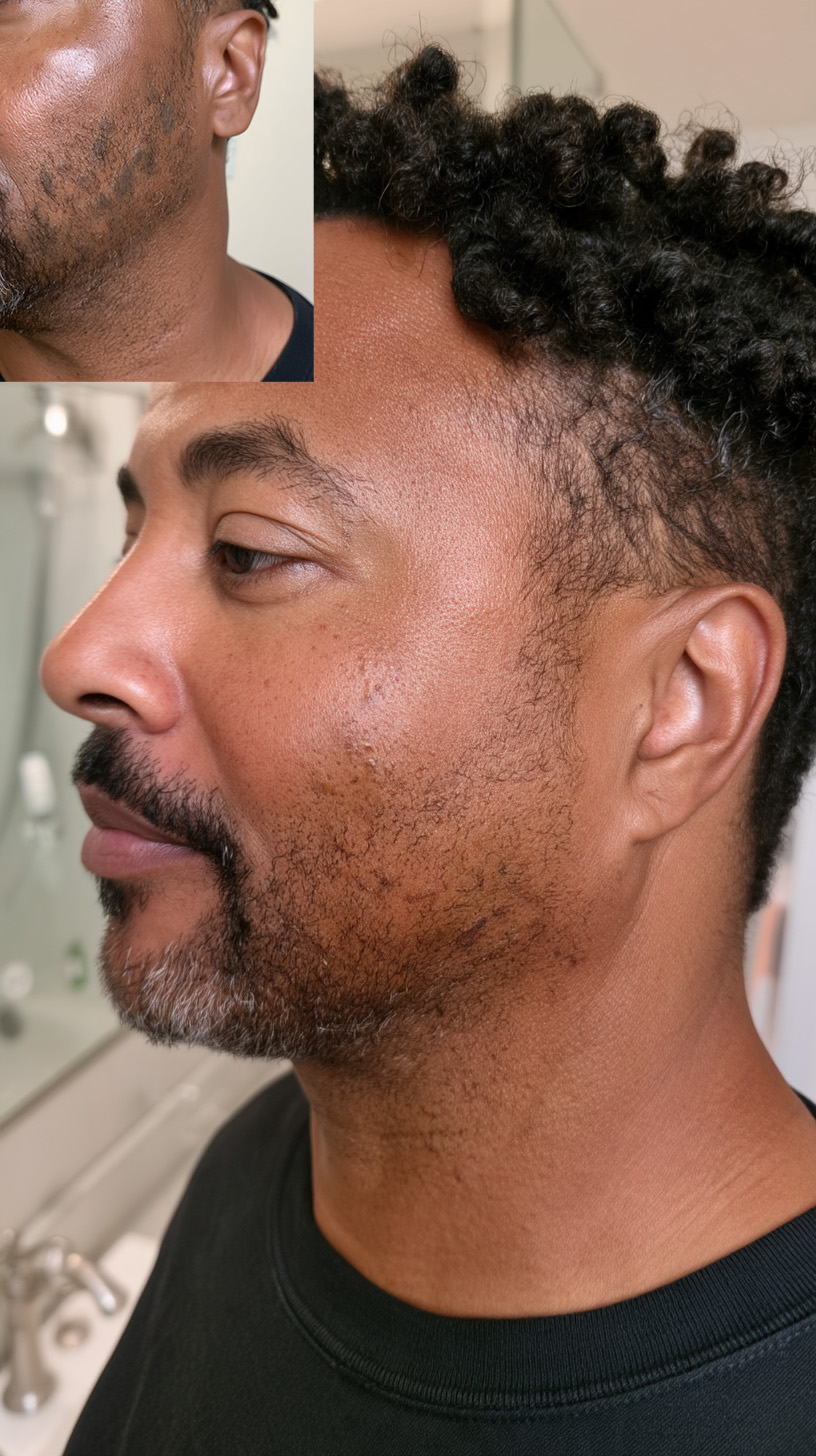 Before and after comparison image of a man's cheek, showing a visible reduction in dark spots.