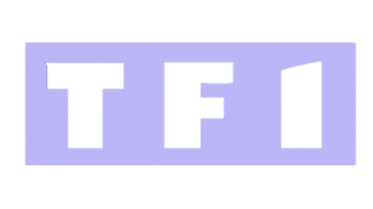Purple rectangle with cut-out letters 'TF1'.