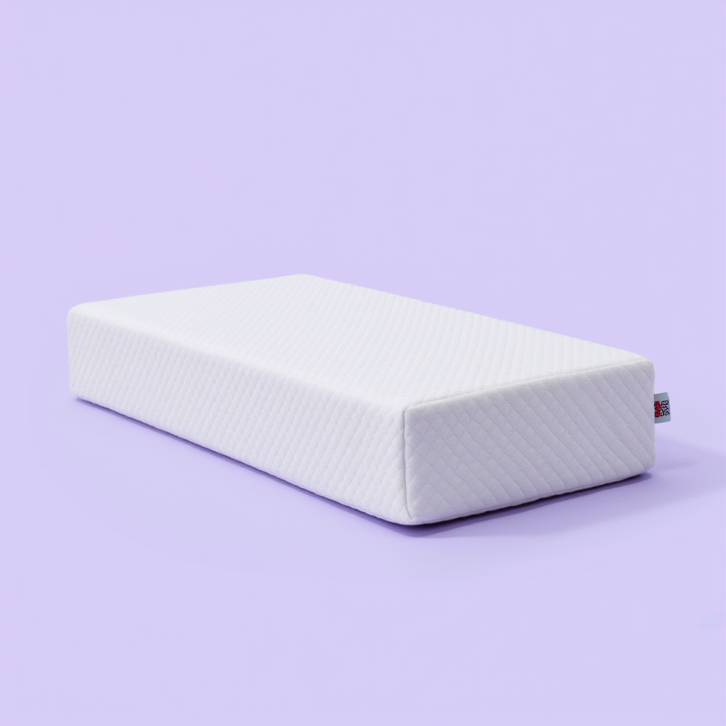 White rectangular mattress on a light purple background.