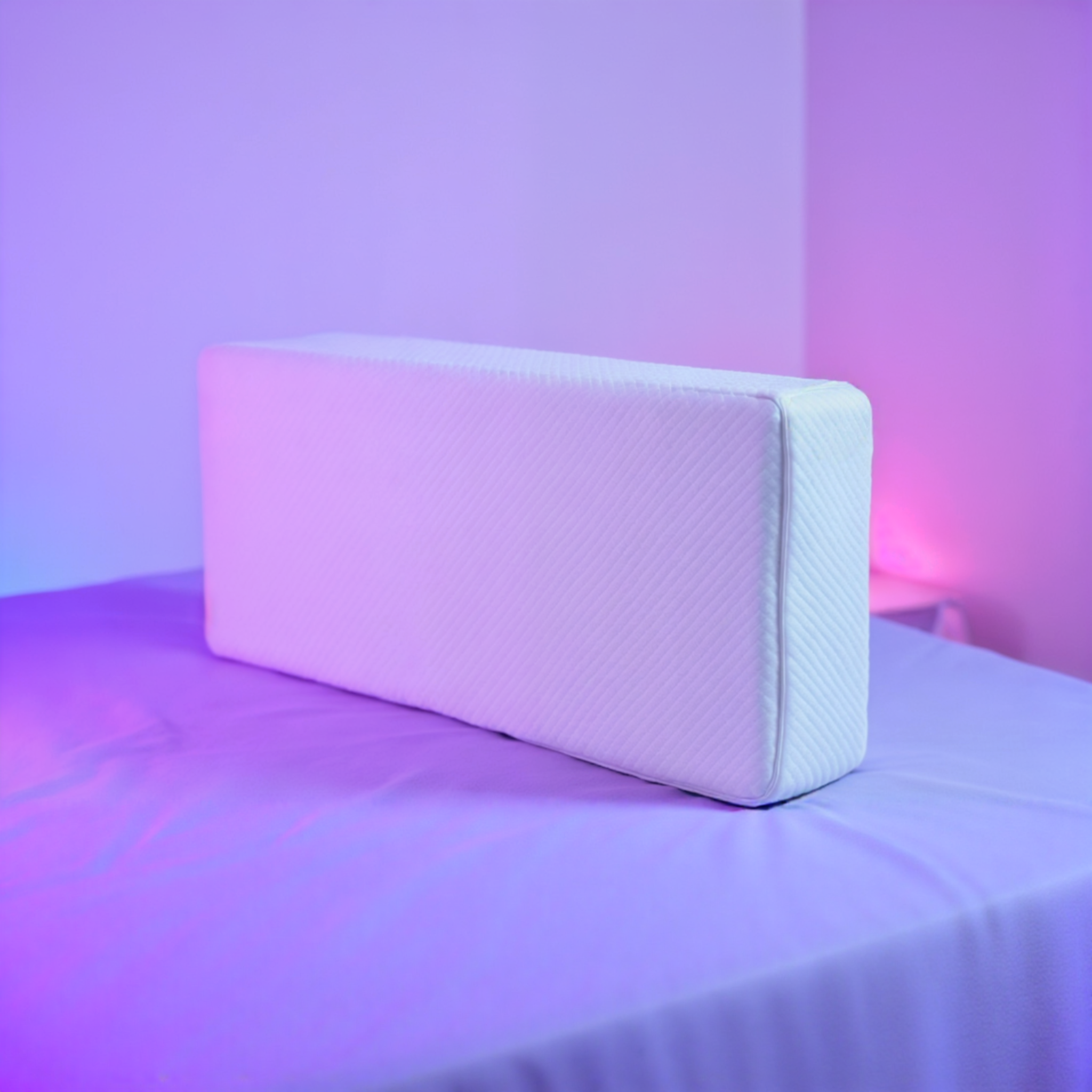 White rectangular cushion on a bed with purple lighting.