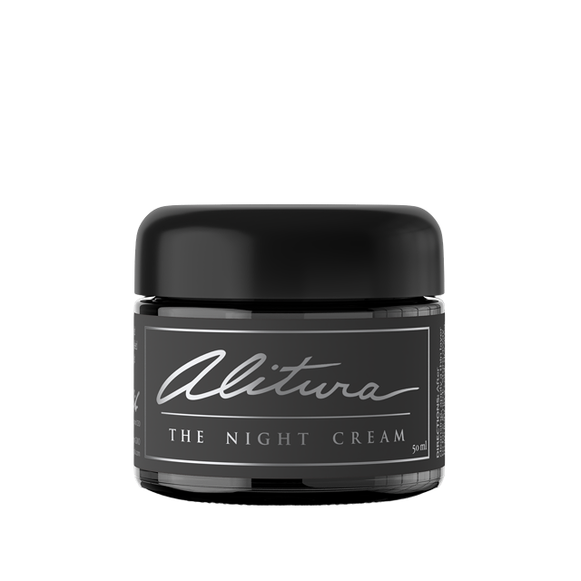 Black jar labeled 'Alitura The Night Cream' with a black lid.
